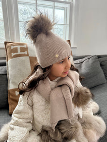 Unisex | Honeycomb Cashmere Fur Pom Scarf Fur Poms | Beige