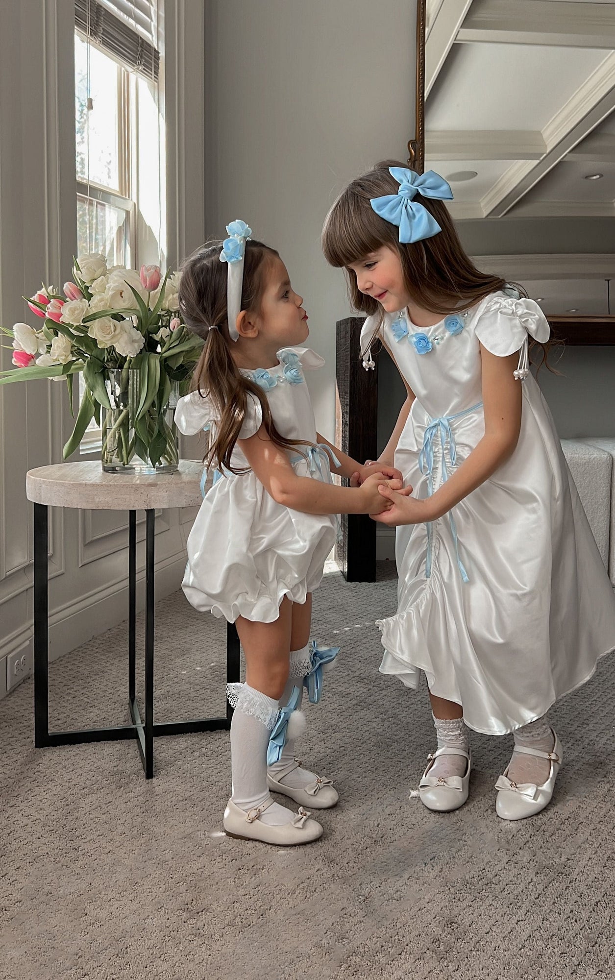 Girl | Daphne Satin Dress with Embroidery | White x Blue