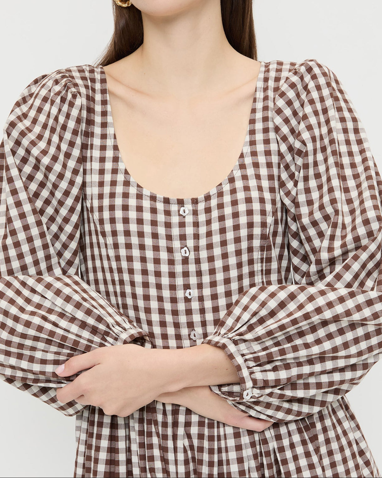 Diane Dress in brown and cream gingham cotton.