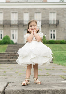 Girl | Constanza Ceremony Dress with Champagne Bow | White x Beige