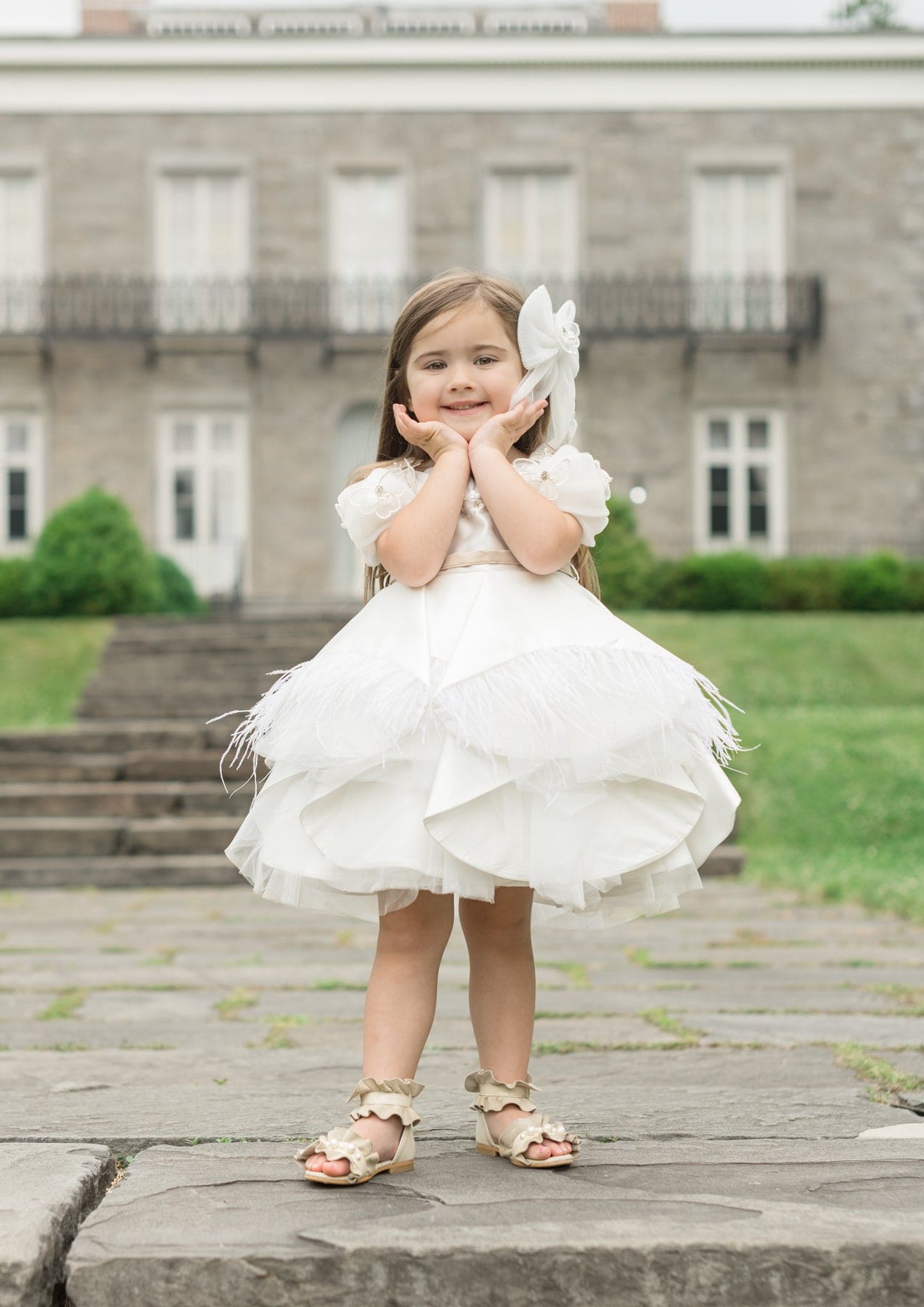 Girl | Constanza Ceremony Dress with Champagne Bow | White x Beige