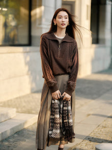 Slub Yarn Round Neck Knit Top | Brown