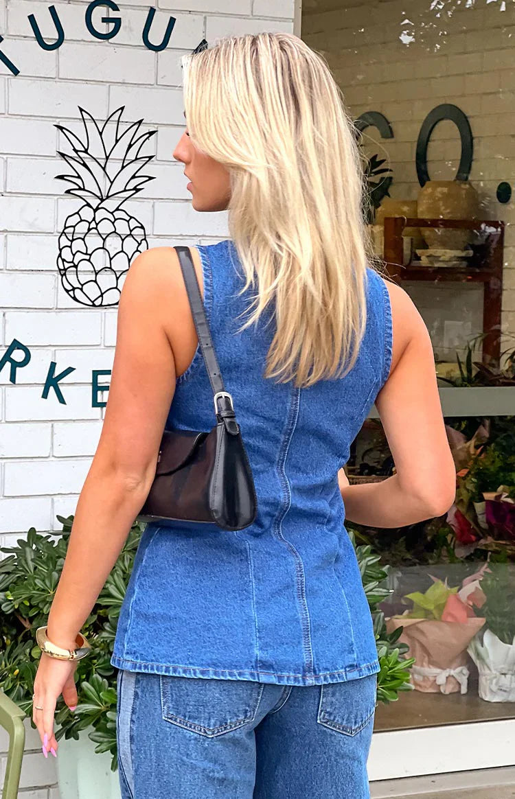 Dawson Denim Button Down Vest Top | Mid Wash