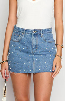 Denim Dazzle Pearl Mini Skirt | Mid Wash