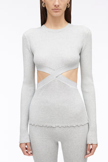 Marled Lurex Crossover Cut Out Pullover | Light Grey Melange/Light Blue
