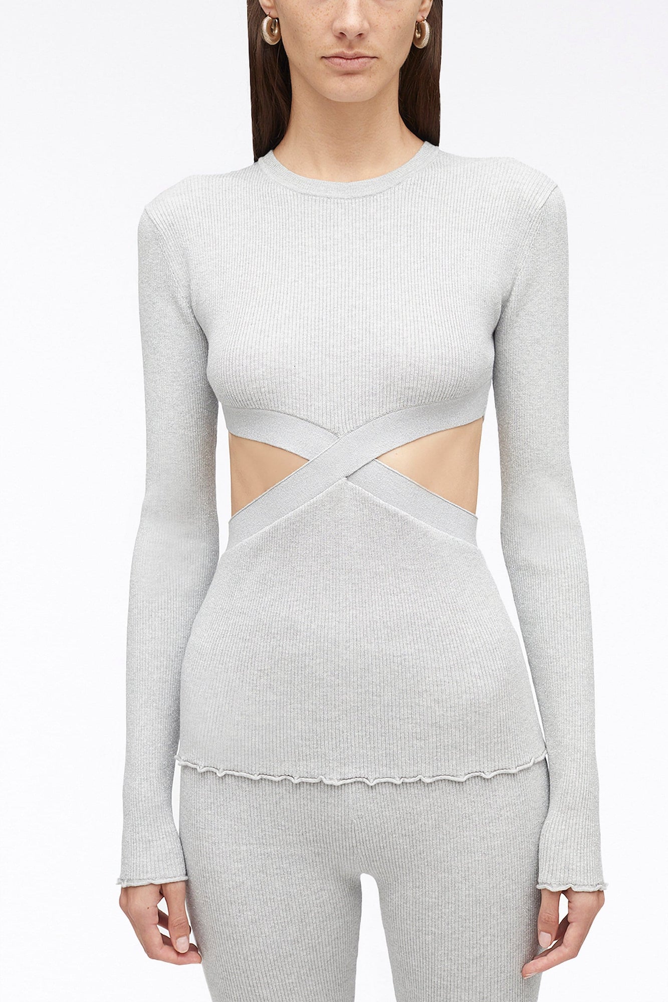 Marled Lurex Crossover Cut Out Pullover | Light Grey Melange/Light Blue