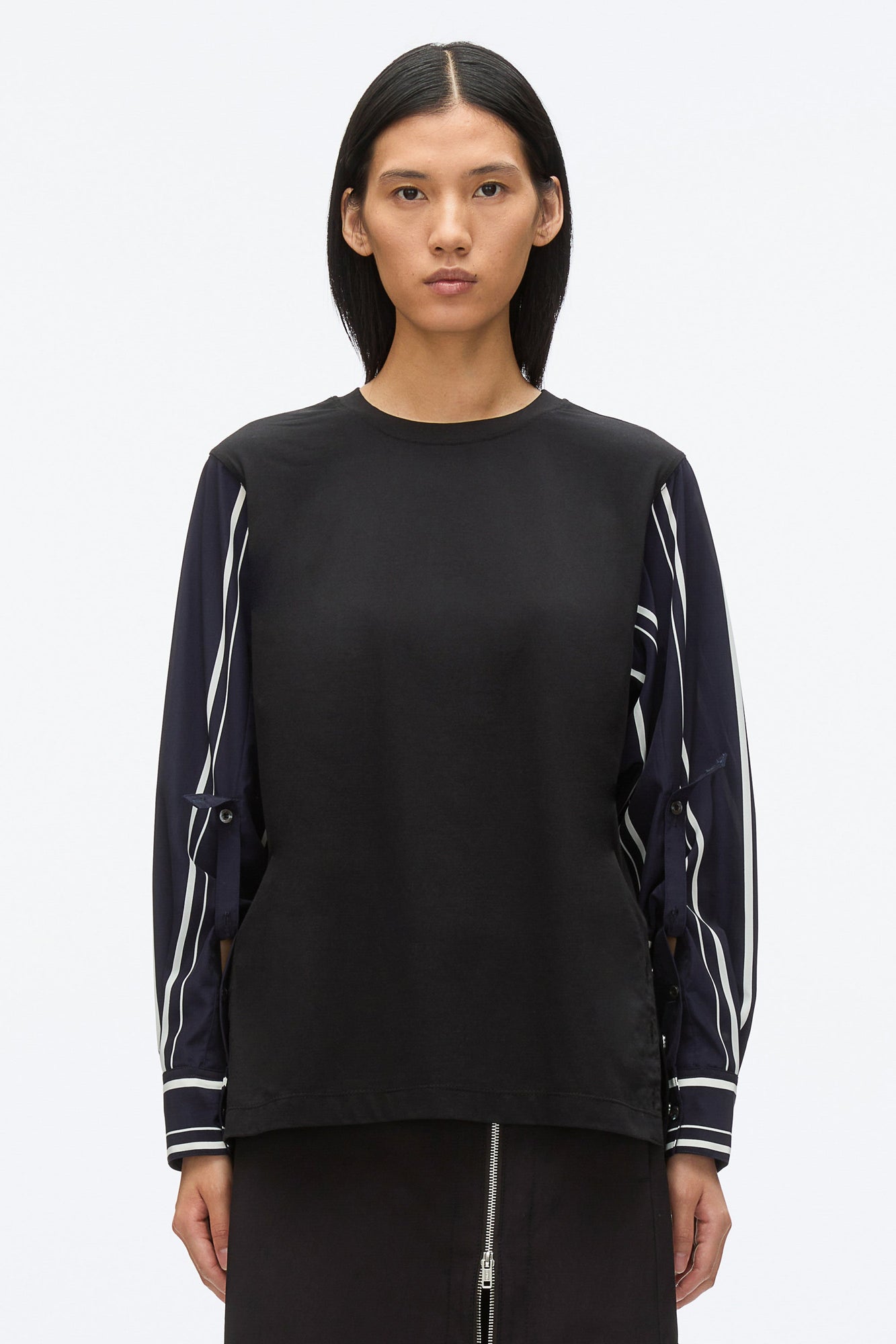 Long Sleeve Tee with Stripe Shirting Sleeves | Black/Midnight