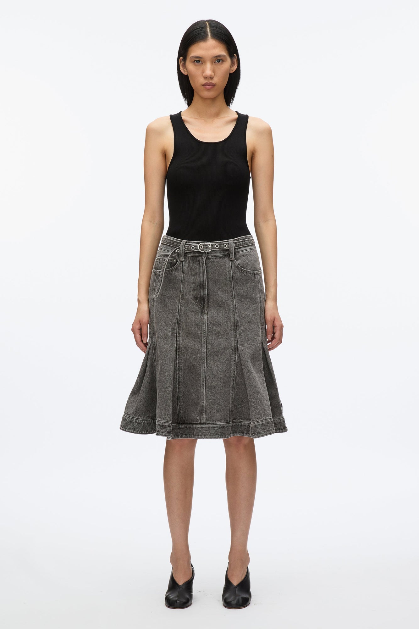 Flounce Hem Belted Denim Skirt | Washed Grey