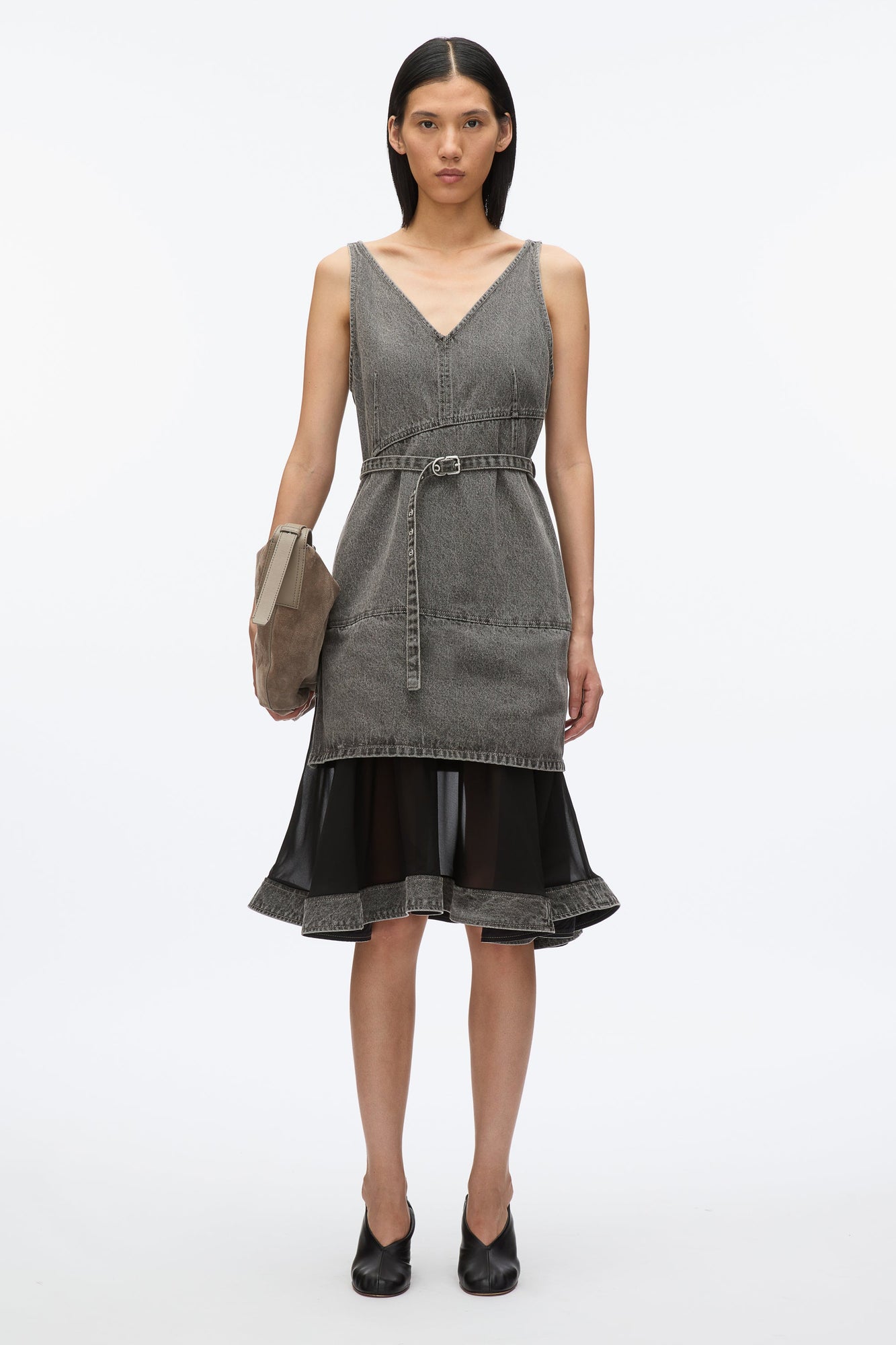 Denim V-Neck Dress with Chiffon Hem | Washed Grey