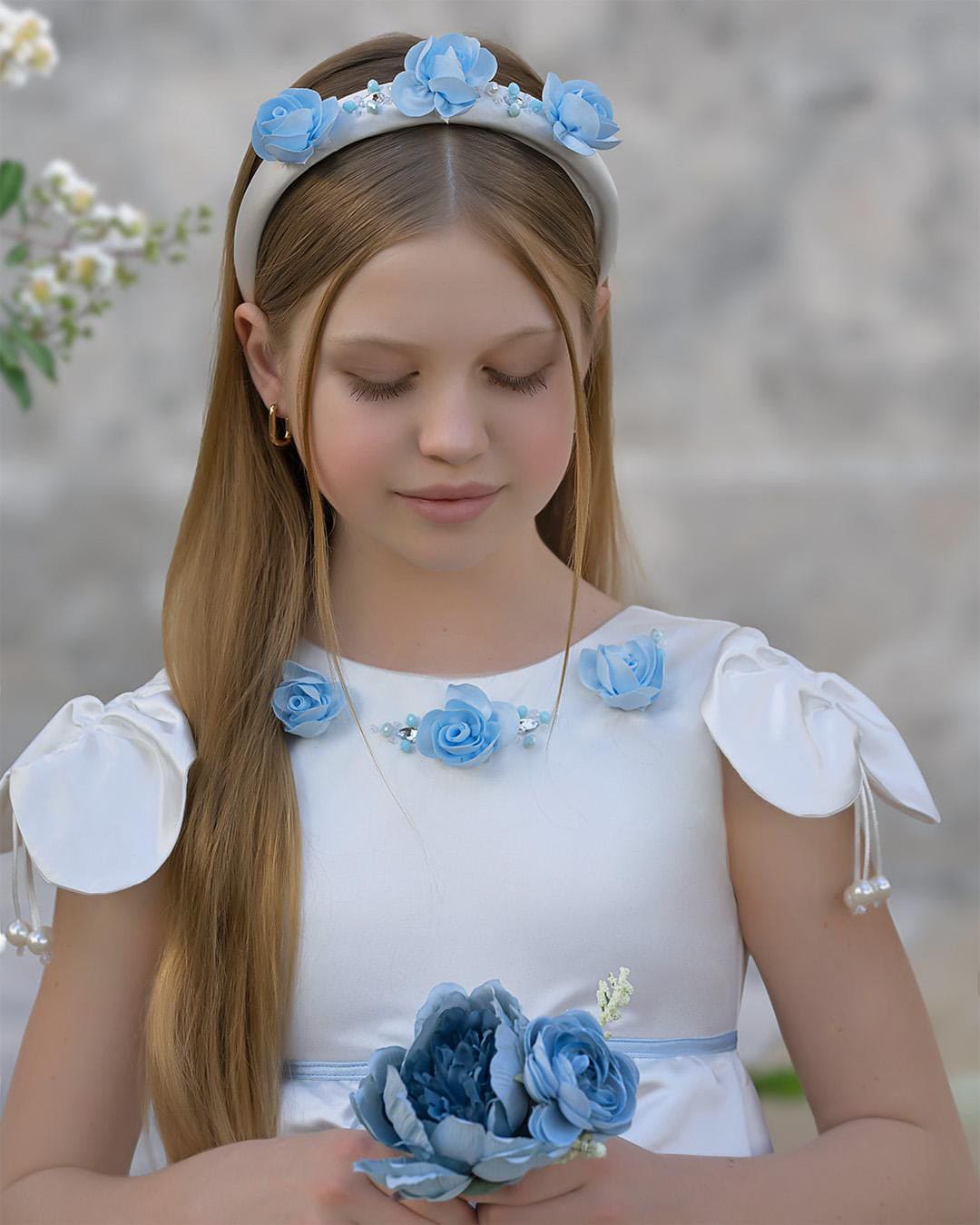 Girl | Daphne Satin Dress with Embroidery | White x Blue