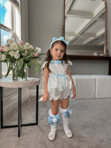 Girl | Daphne Satin Romper with Embroidery | White x Blue