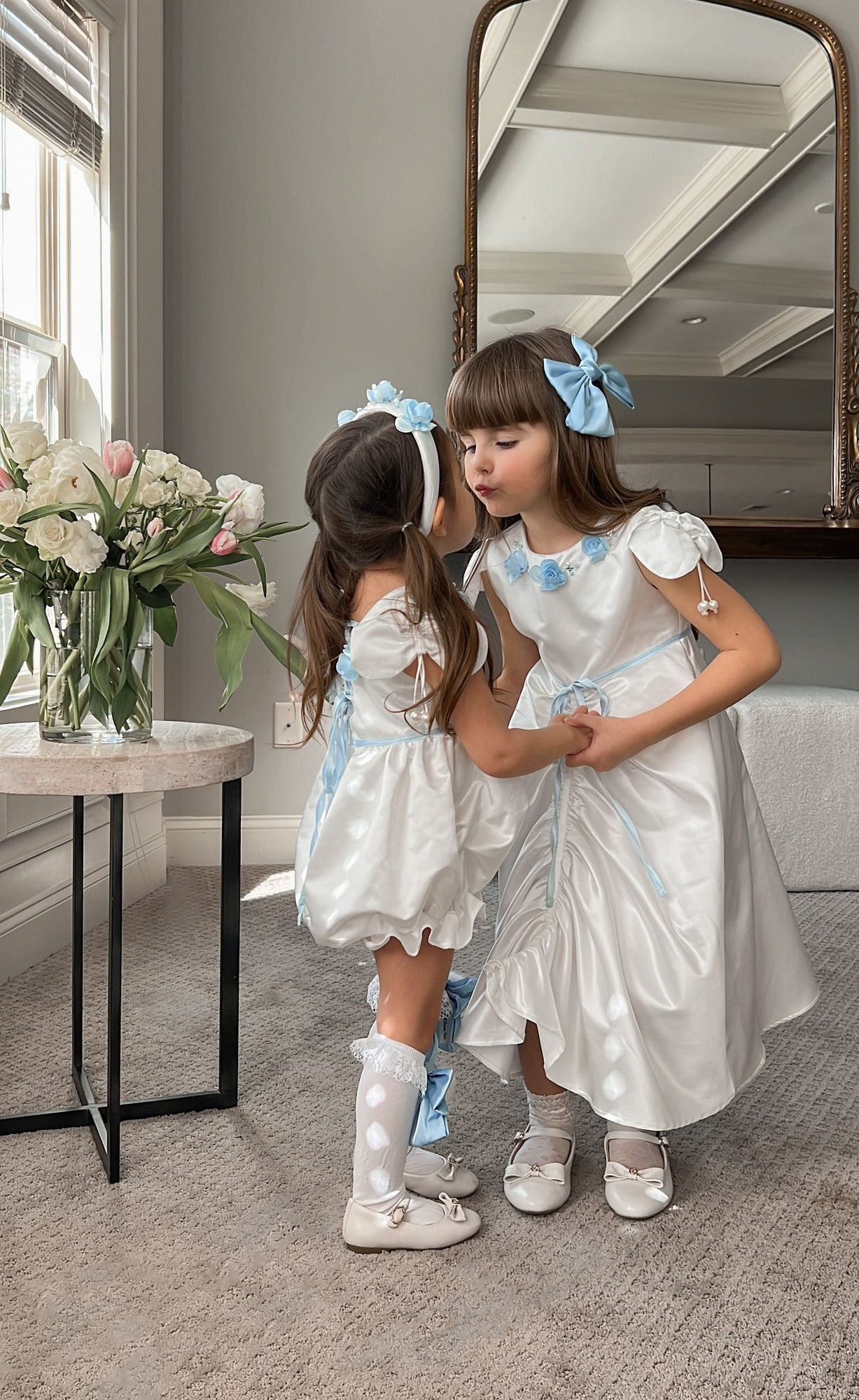 Girl | Daphne Satin Dress with Embroidery | White x Blue