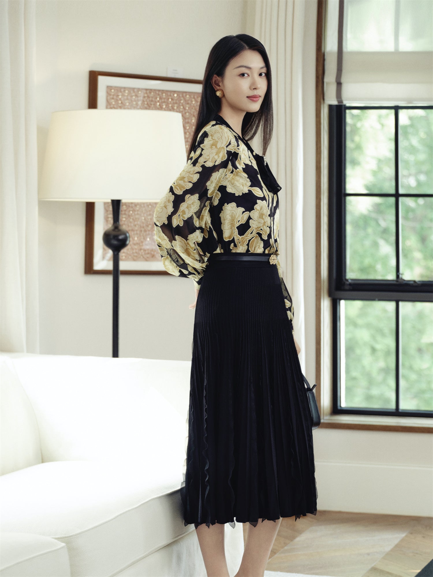 Elegant V-Neck Ribbon Shirt | Yellow