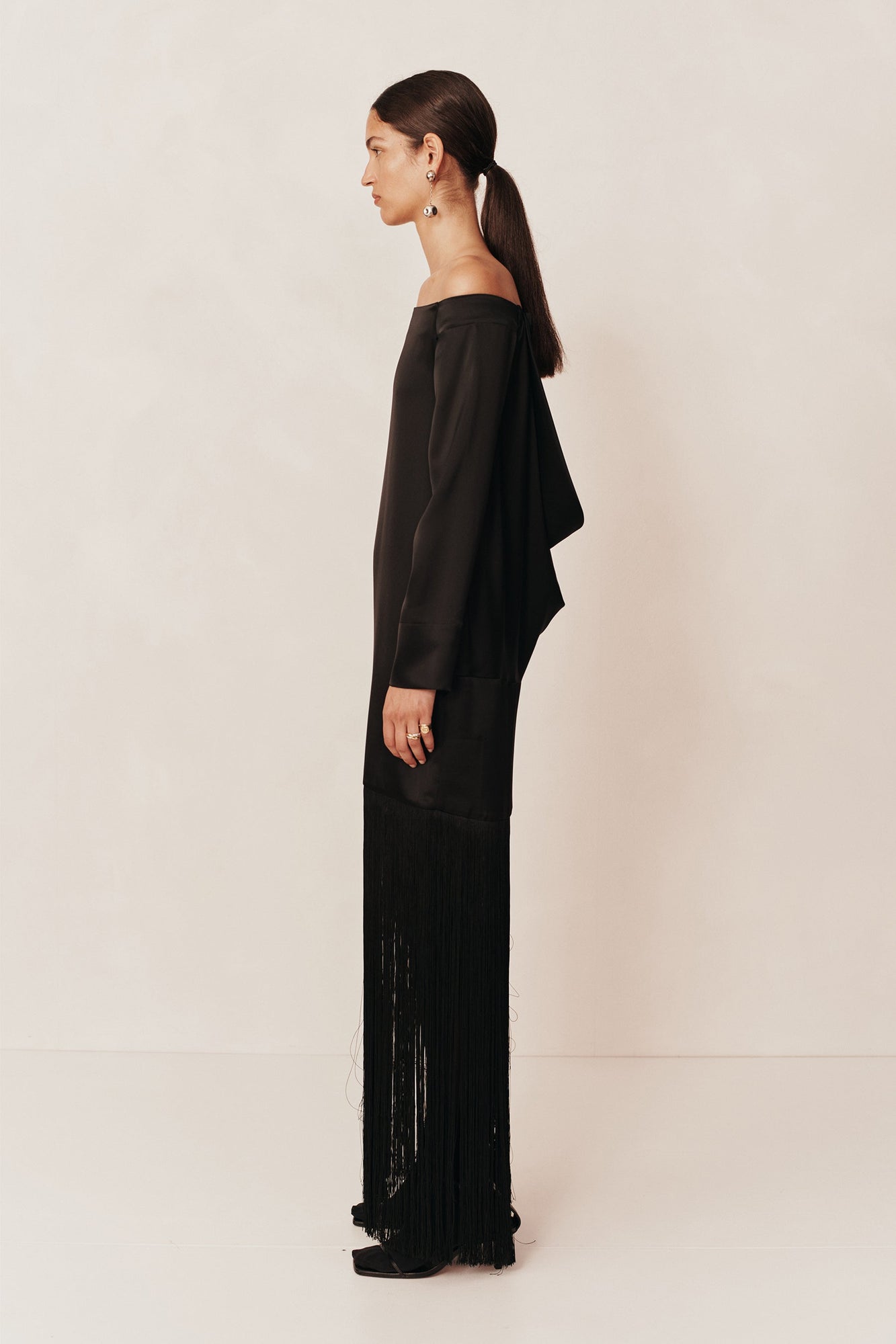 Mono Off Shoulder Fringe Dress | Black