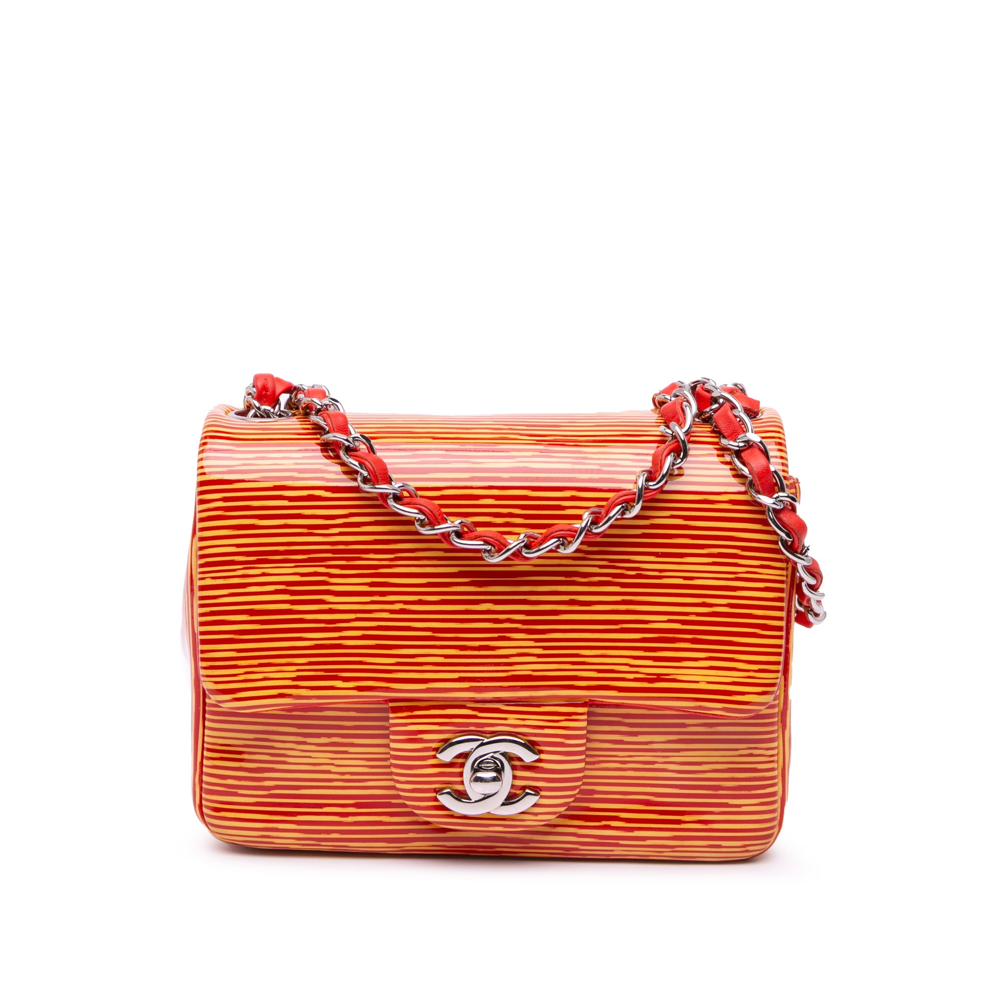 Chanel | Pre-Owned Mini Square Classic Patent Striped Single Flap | Orange