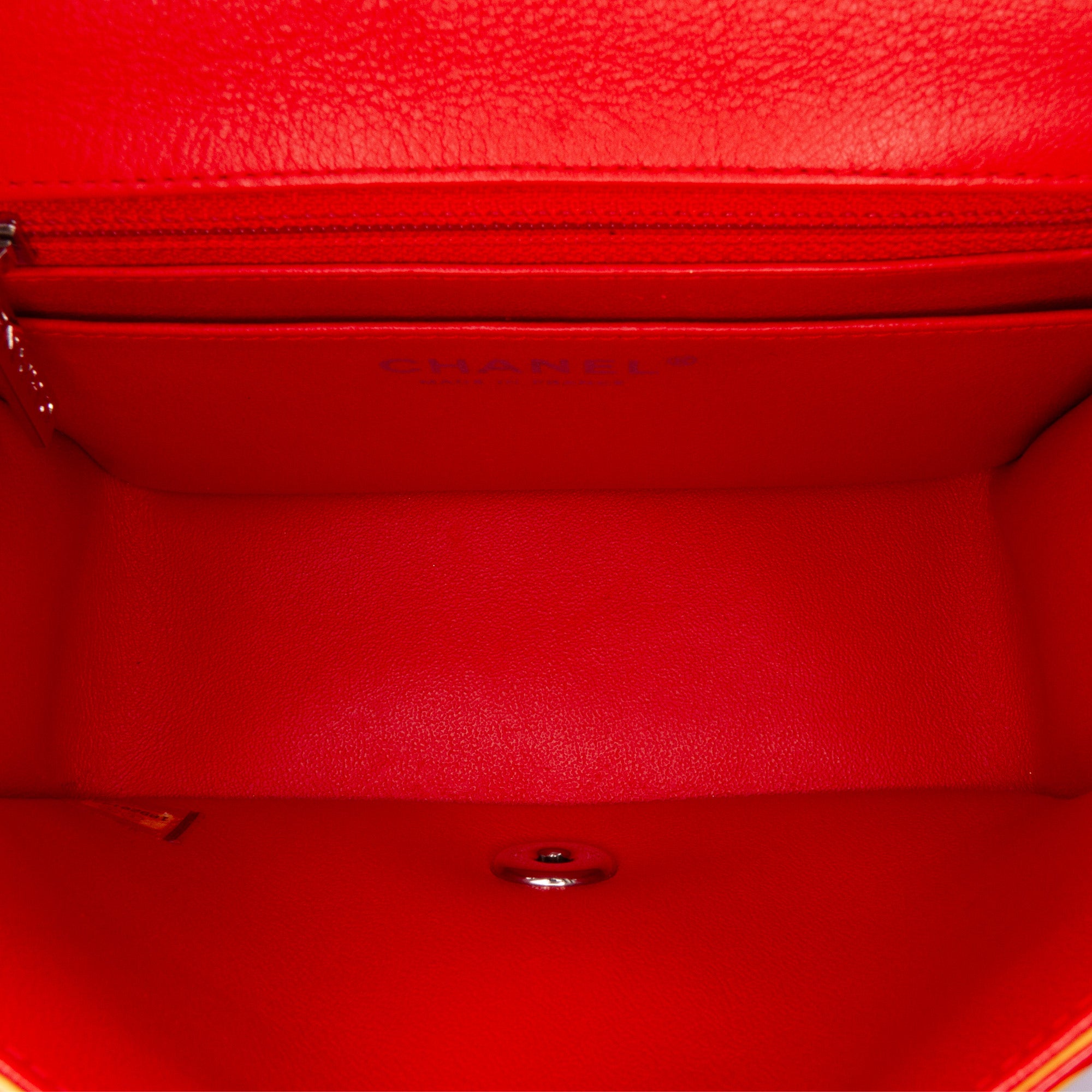 Chanel | Pre-Owned Mini Square Classic Patent Striped Single Flap | Orange