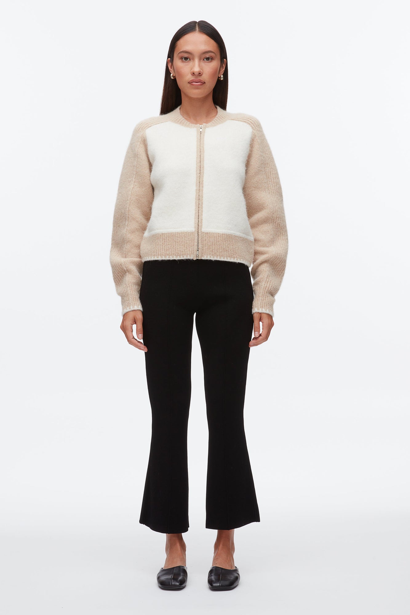 Colorblock Zip Cardigan | Ivory/Beige