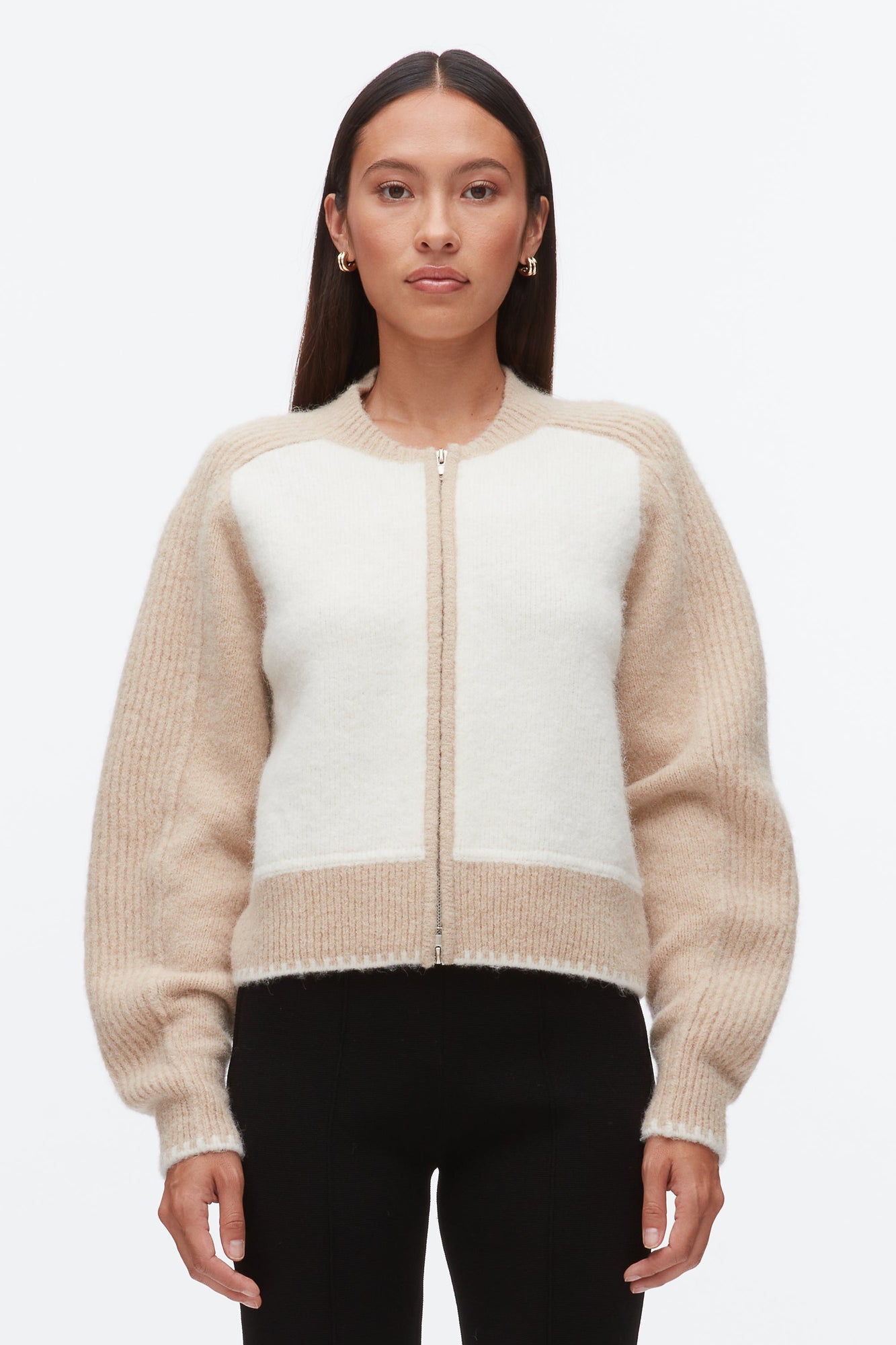 Colorblock Zip Cardigan | Ivory/Beige