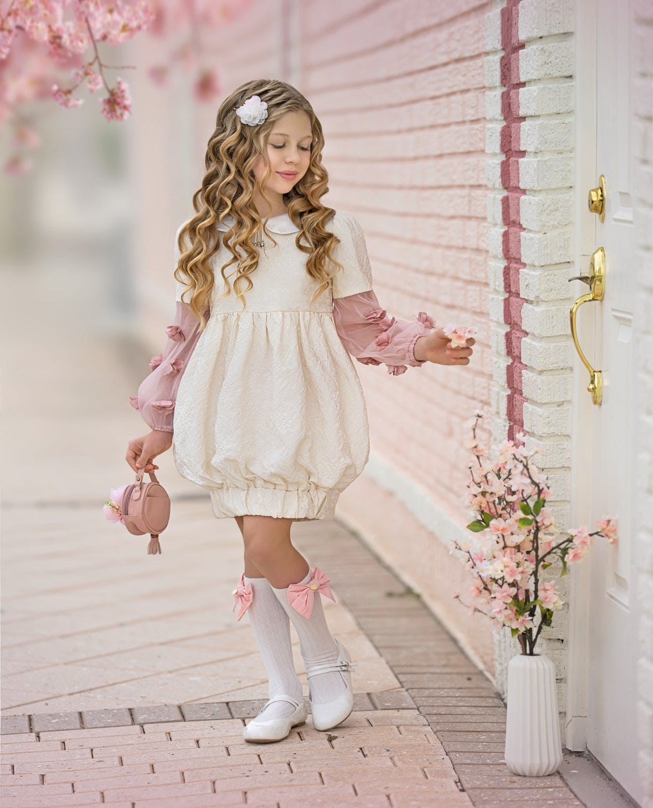 Girl | Cherry Blossom Dress | White x Pink
