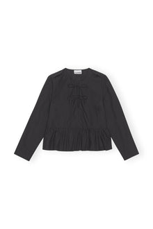 Cotton Poplin Tie String Peplum Blouse | Black