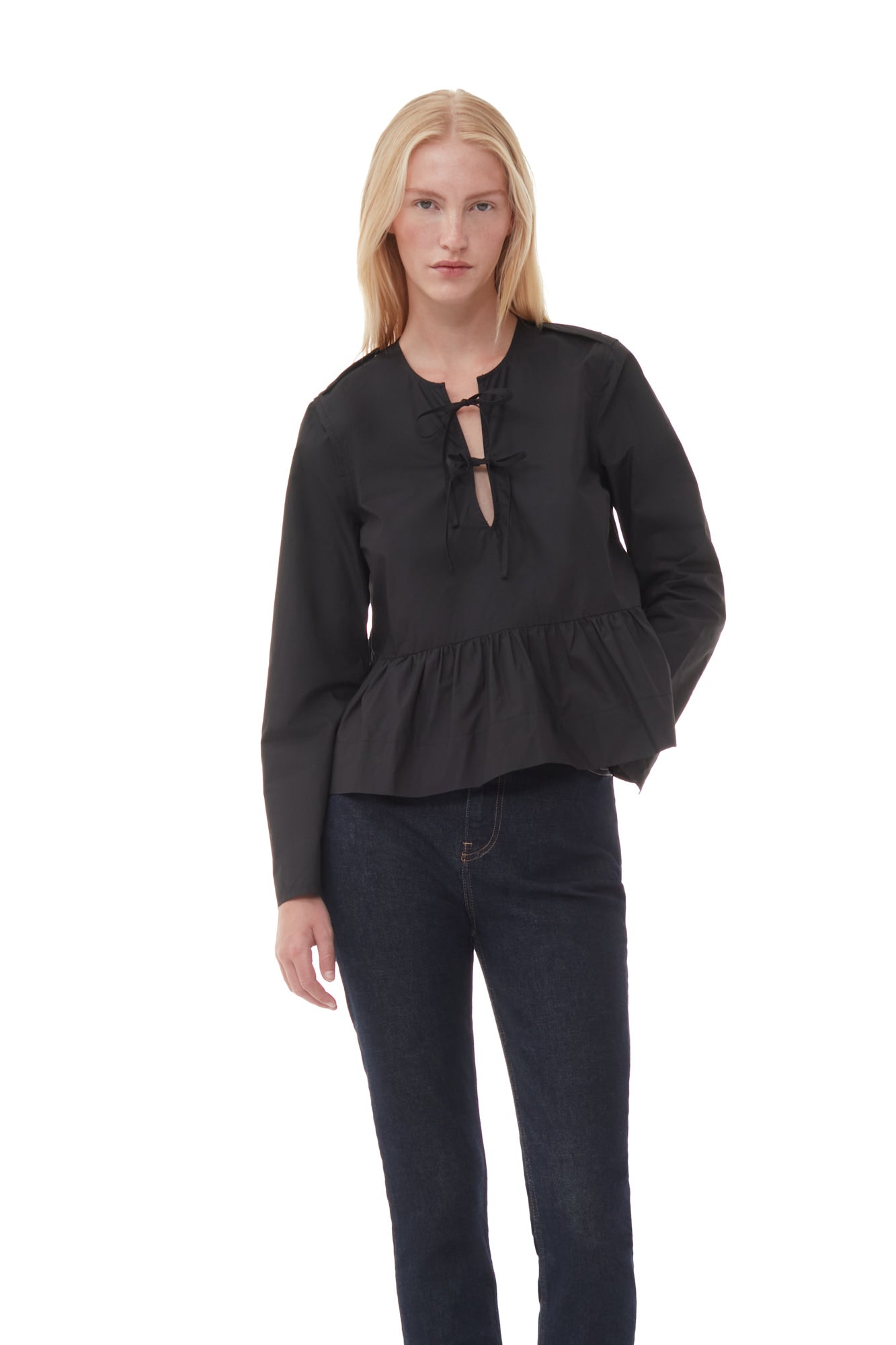 Cotton Poplin Tie String Peplum Blouse | Black