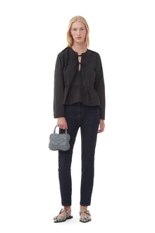 Cotton Poplin Tie String Peplum Blouse | Black