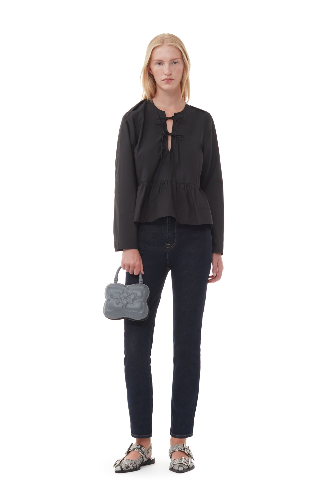 Cotton Poplin Tie String Peplum Blouse | Black