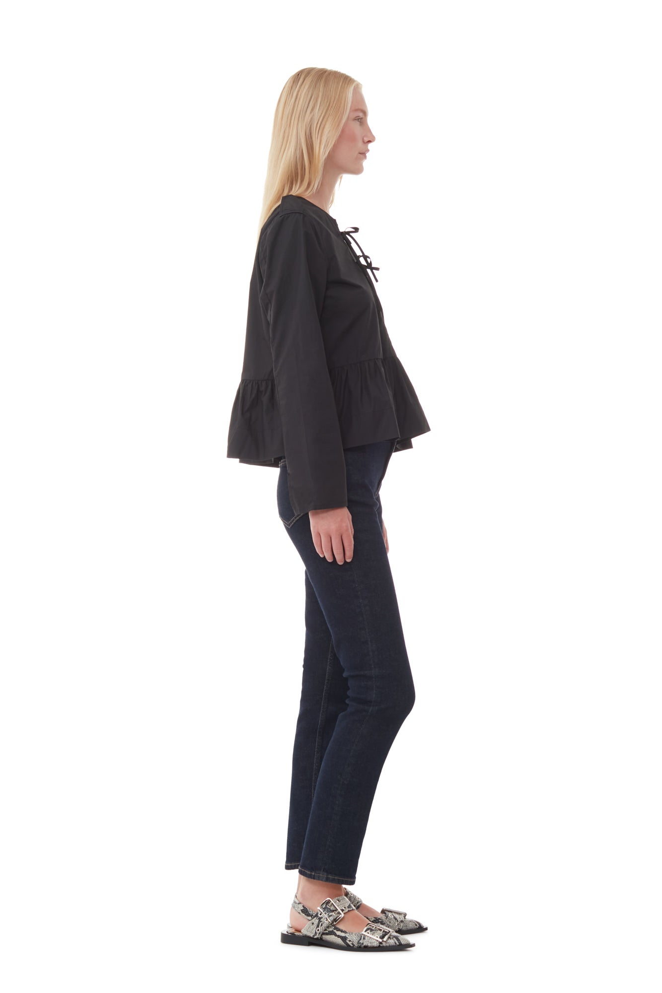 Cotton Poplin Tie String Peplum Blouse | Black