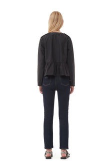 Cotton Poplin Tie String Peplum Blouse | Black