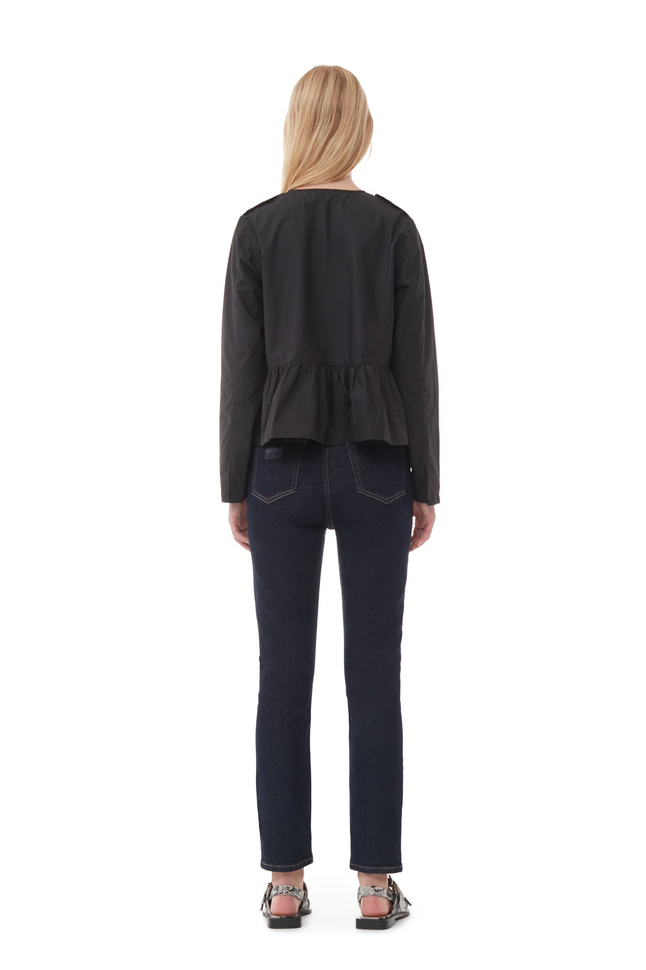 Cotton Poplin Tie String Peplum Blouse | Black