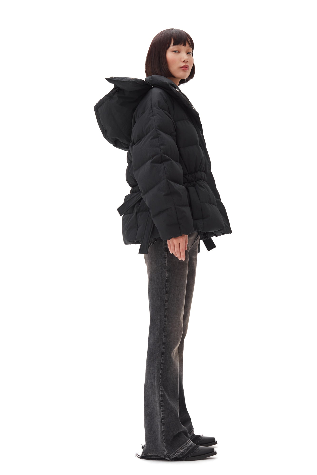 Tech Seersucker Oversized Puffer Jacket | Black