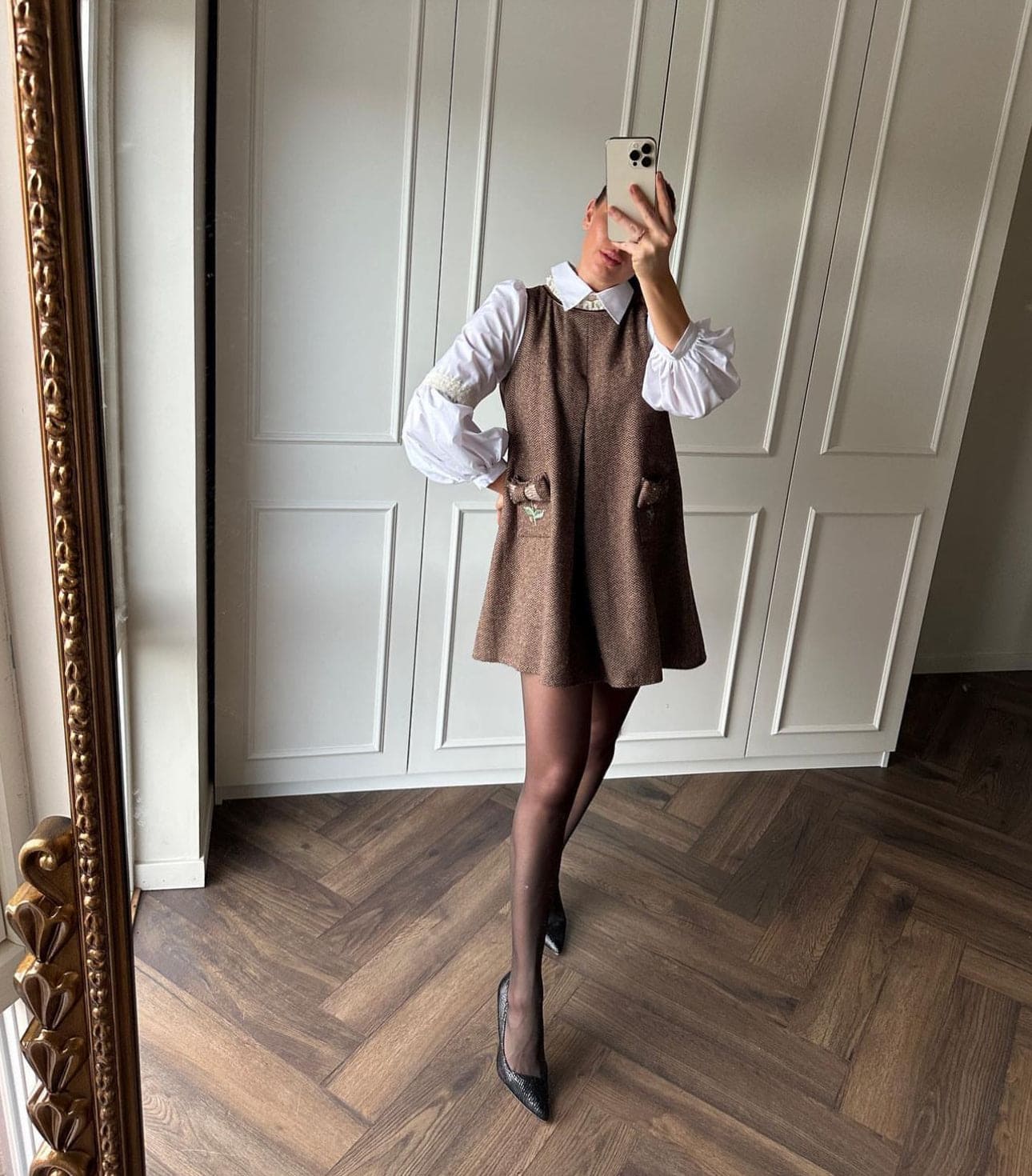 Women | Herringbone Tweed Mom Dress | Brown x White