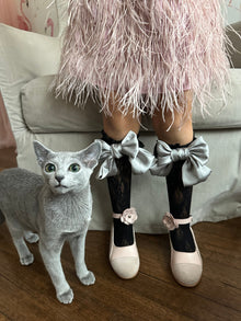 Girl | Lola Lace Socks with Satin Bows Bow | Black x Silver