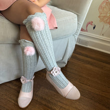 Girl | Grey Knee High Socks with Poms Pom | Gray x Pink