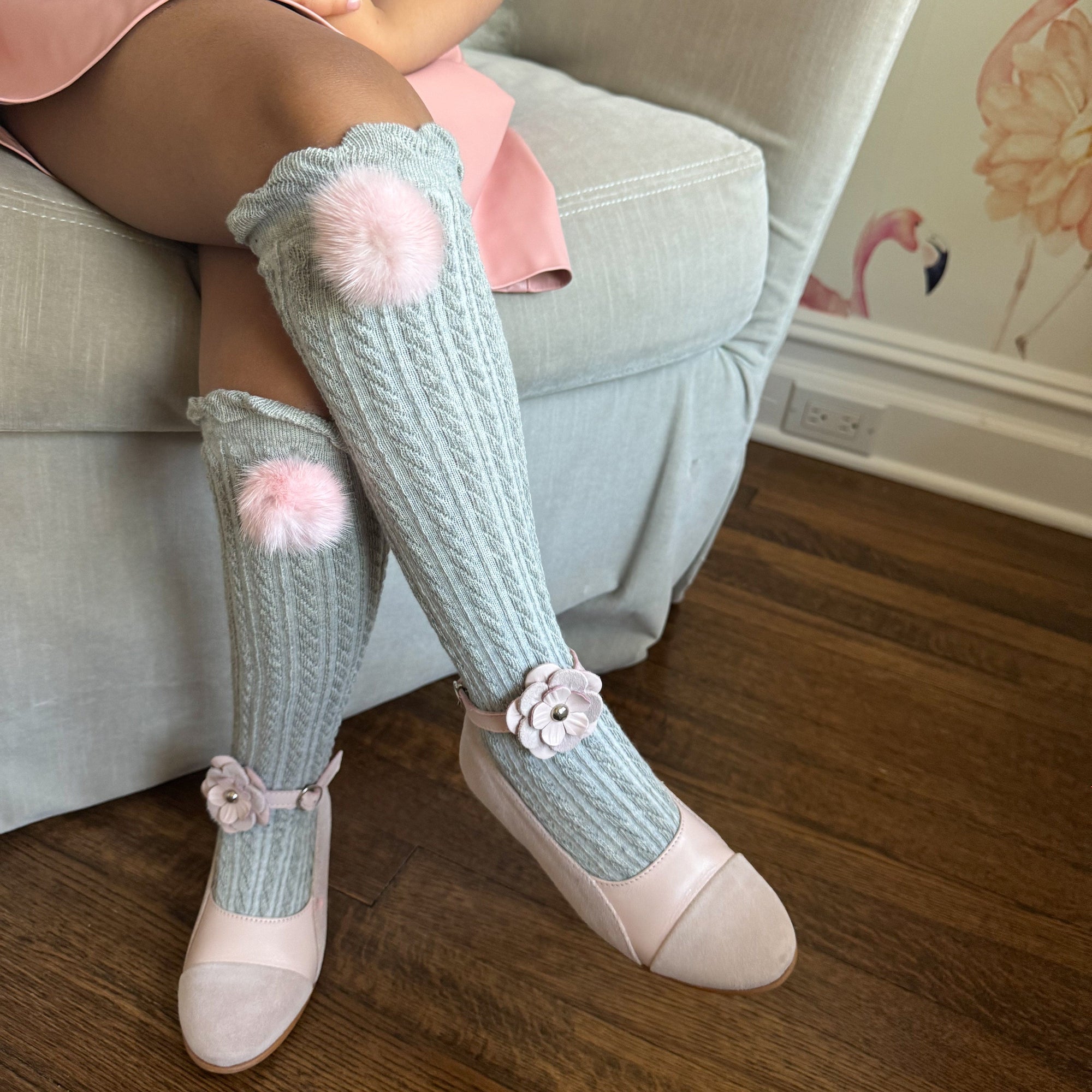 Girl | Grey Knee High Socks with Poms Pom | Gray x Pink