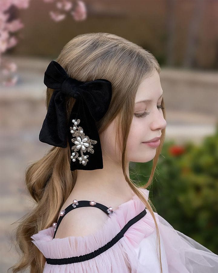 Girl | Embroidered Velvet Pearl Hair Bows | Black & Ivory