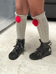 Girl | Grey Knee High Socks with Poms Pom | Gray x Red
