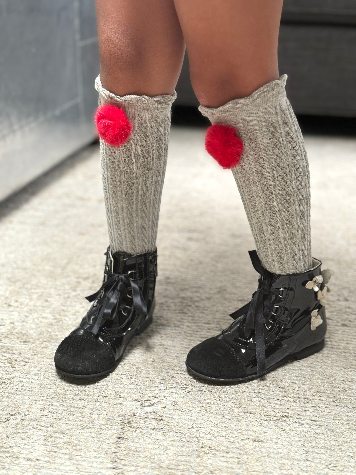 Girl | Grey Knee High Socks with Poms Pom | Gray x Red