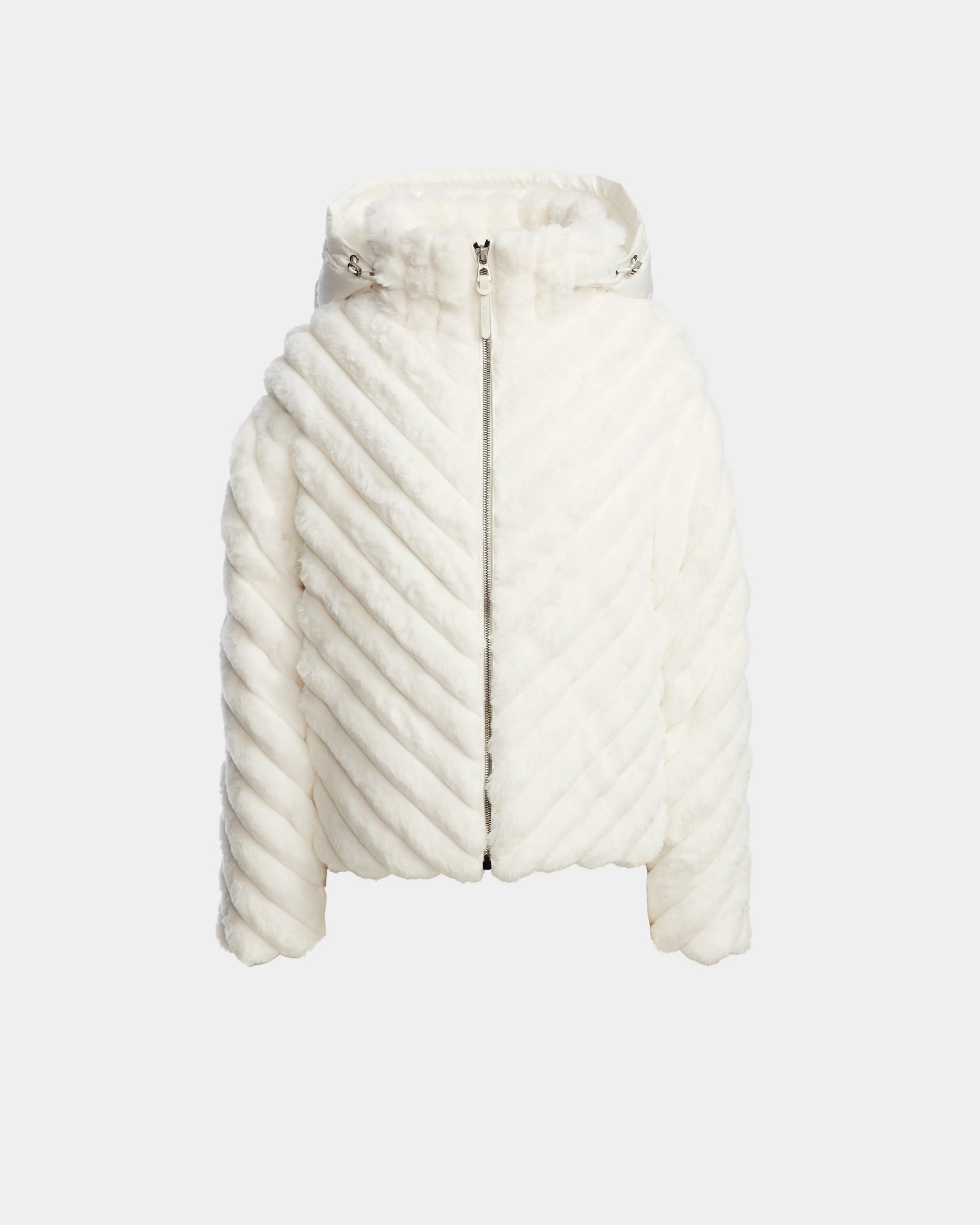 The ANASTASIA - 8124804 Iceland jacket by Rudsak features white faux fur with diagonal texture, long sleeves, a hood, and a front zipper—ideal for those who love the cozy style of a velvet puffer. Displayed on a light gray background.