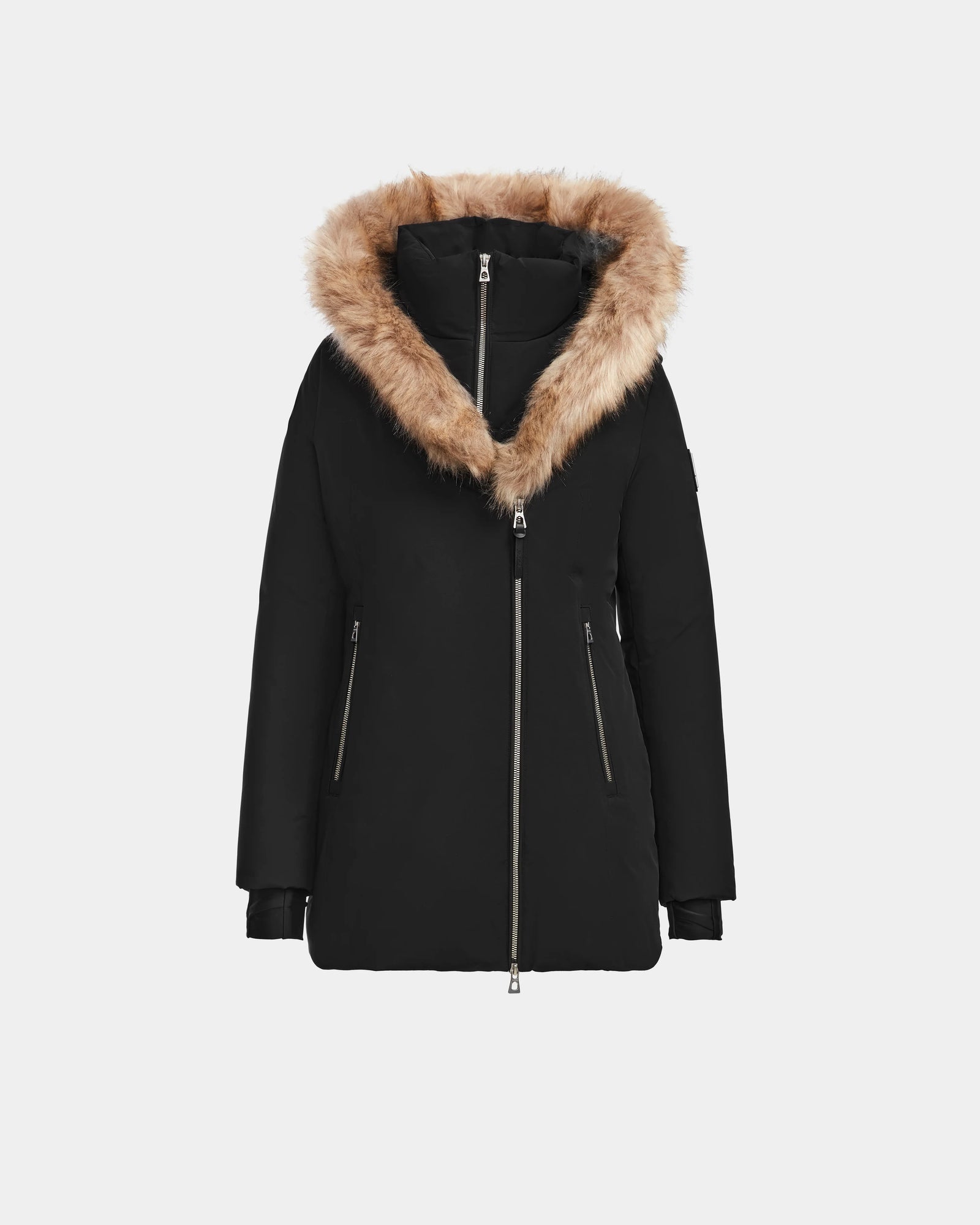 The Rudsak AURORE - L123561 Black/Natural parka features a weather-resistant design, a large natural fur-trimmed hood, front zipper, and two zippered side pockets, shown against a plain white background.