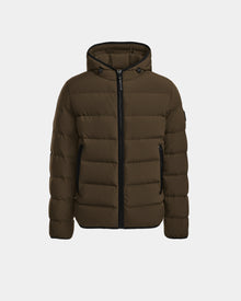 The Rudsak DEMIAN M - M123507 Army men’s down puffer jacket, made with RDS-certified premium down, features a hood, front zipper closure, and two zippered side pockets, shown against a plain white background.