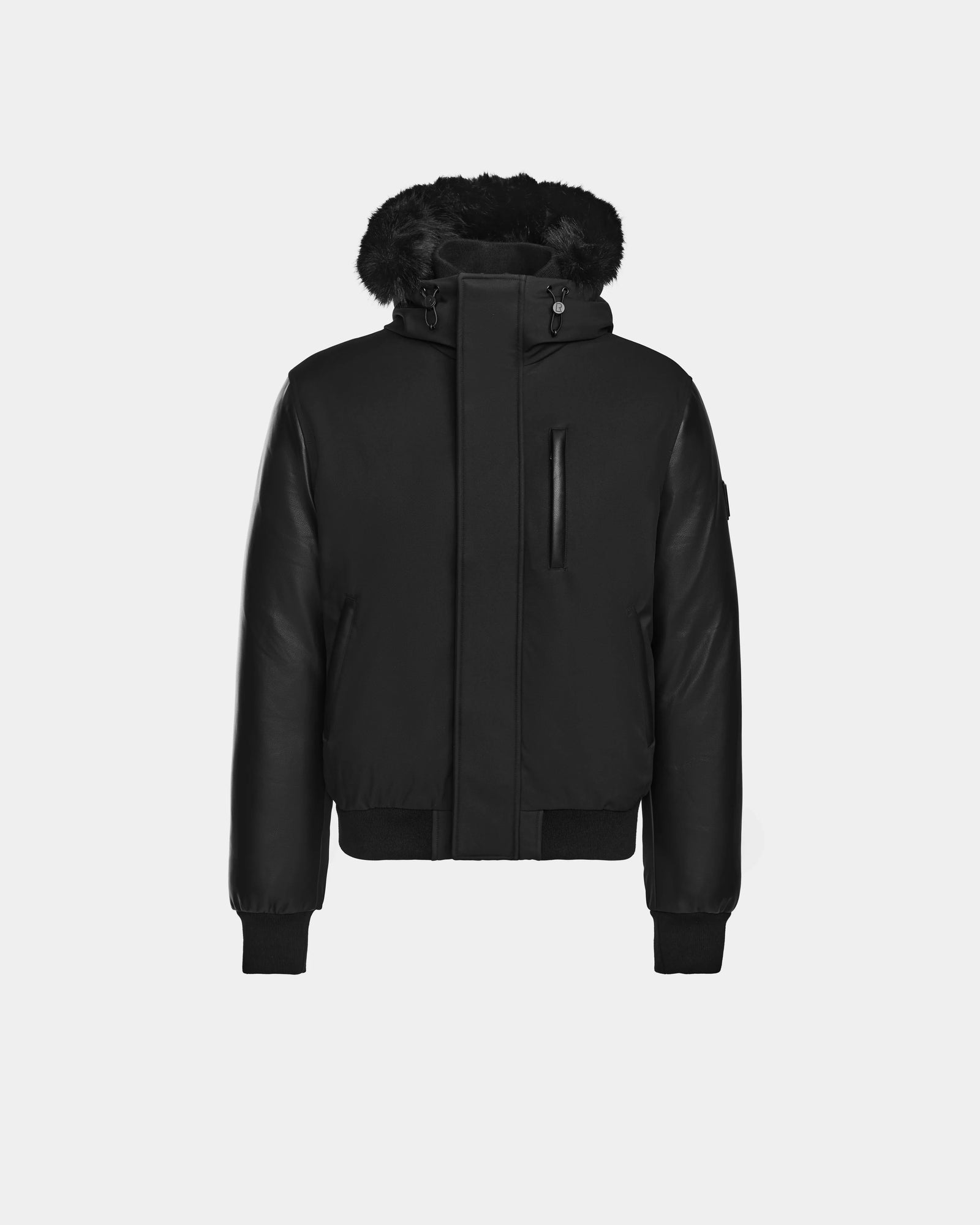 The Rudsak DERON - M123517 BLACK is a mens bomber jacket featuring a front zip, ribbed cuffs and hem, chest zipper pocket, fur-lined hood, and weather-resistant fabric, shown against a plain white background.