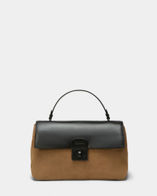 The Rudsak ESMA - 8324519 Camel is a suede leather handbag with a camel brown body, black leather flap, black top handle, black clasp closure, and a removable shoulder strap, shown against a plain light background.