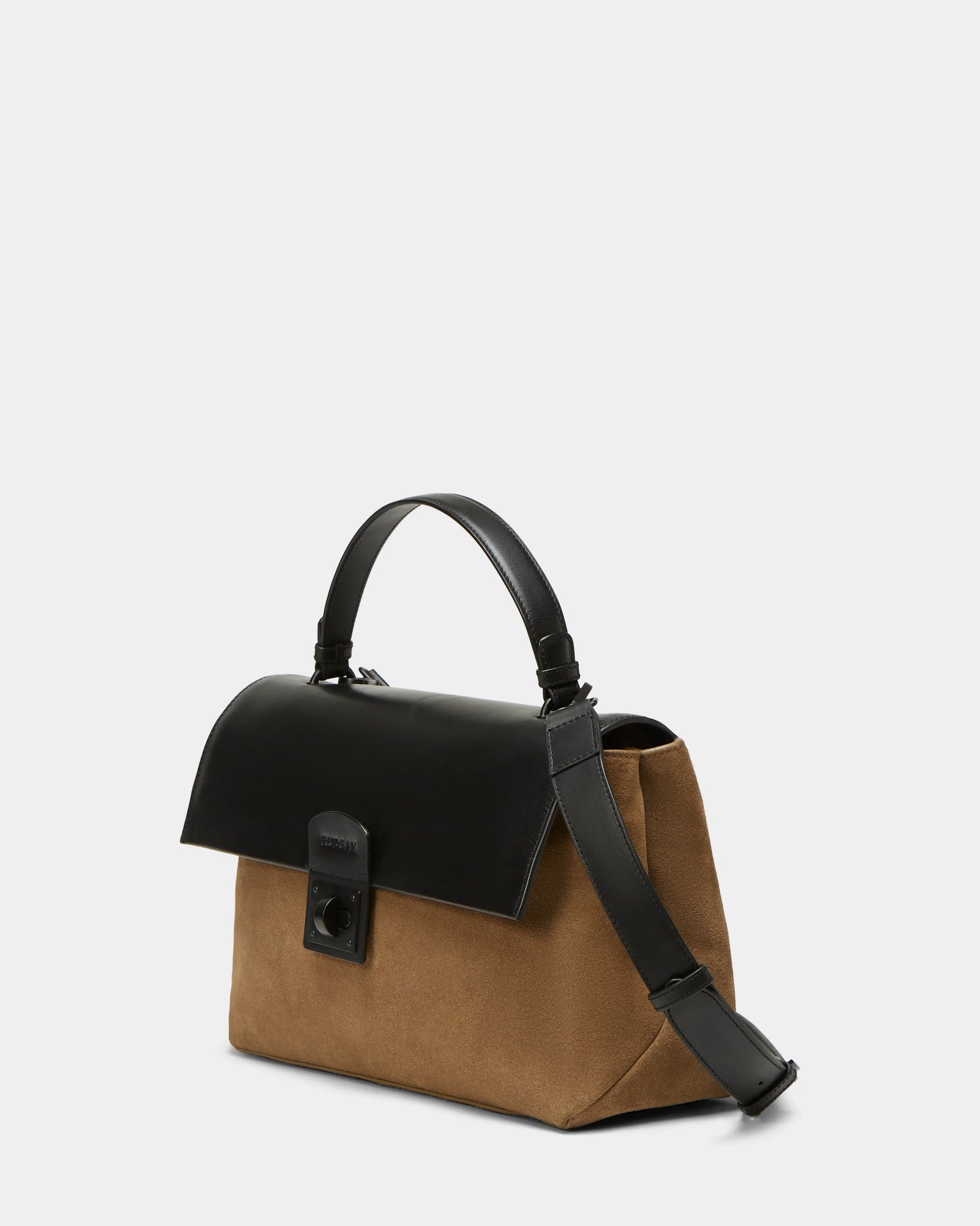 The ESMA - 8324519 Camel by Rudsak is a chic brown and black handbag crafted from suede and leather, featuring a removable shoulder strap for versatile styling.