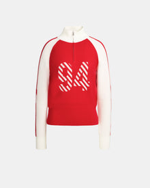 The Rudsak FANNY - 8524506 Flame Red women’s knit pullover boasts a bold red body with white side panels and cuffs, a mock-neck zip collar, and the number 94 in striking white stripes—perfect for après-ski style.