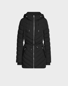 The Rudsak FRANCINE - 8124722 Black is a black, hooded quilted puffer coat with a front zipper, drawstring waist, diagonal quilting, side zippered pockets, and RDS-certified down, shown on a plain white background.