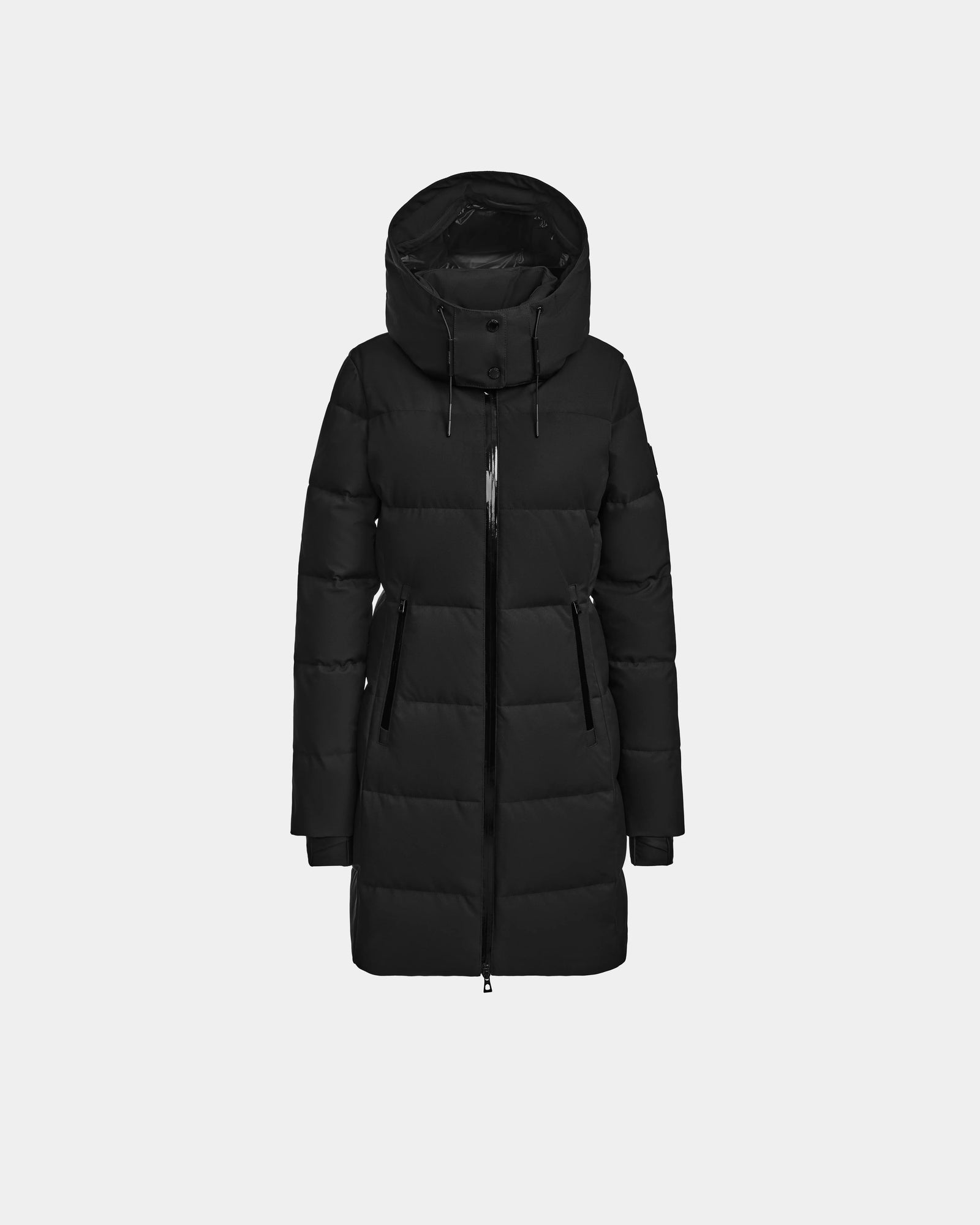 The Rudsak MIRIAM - L122523 BLACK is a long women’s black down puffer coat with a hood, weather-resistant shell, front zipper, two side pockets, and horizontal quilted stitching, shown on a plain light gray background.