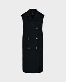 The Rudsak NOURA - 8124698 Black is a sleeveless, double-breasted knee-length vest with notched lapels and side pockets, shown on a plain light gray background.
