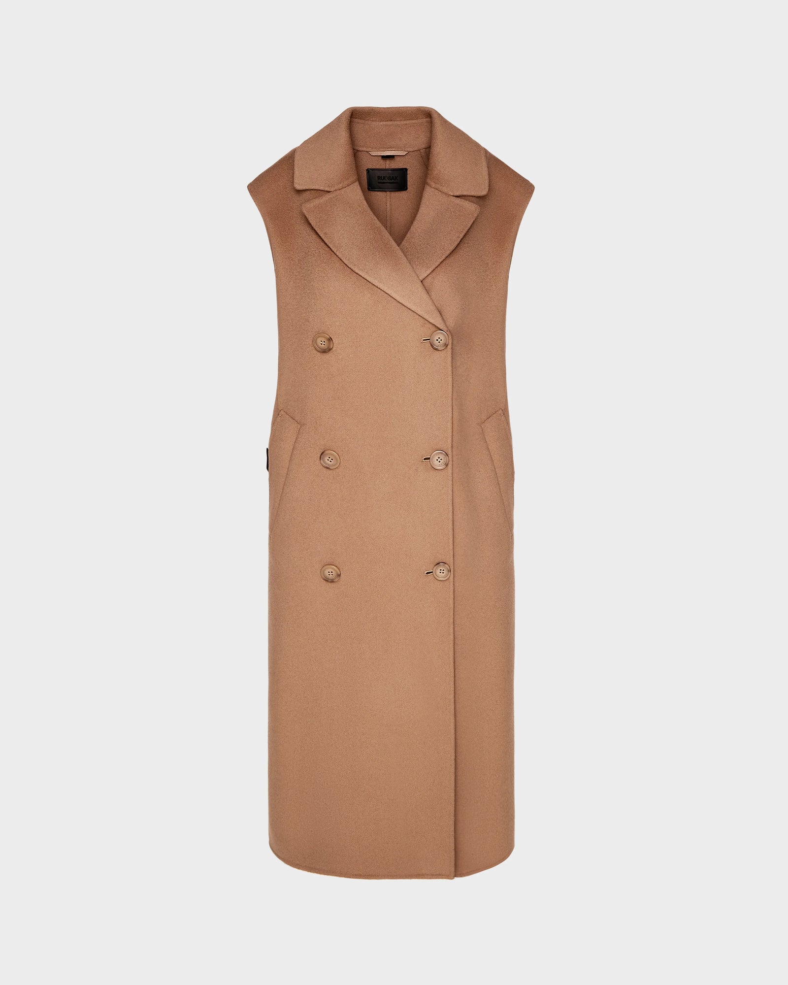 The NOURA - 8124698 Camel vest by Rudsak is a sleeveless, double-breasted womens wool piece in camel with wide lapels and two side pockets, shown against a plain white background.