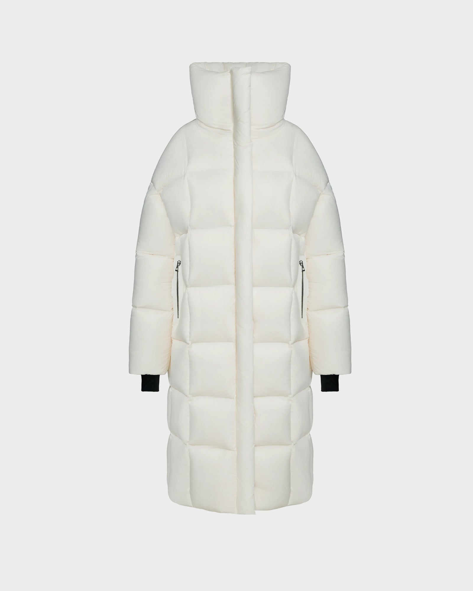 The SASH - 8124536 Iceland by Rudsak is a long white womens down puffer coat with a high collar, quilted design, black inner cuffs, and zippered side pockets, shown on a plain light background.